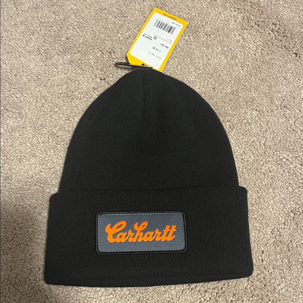 Carhartt Black Knit Hat with Orange Logo Patch